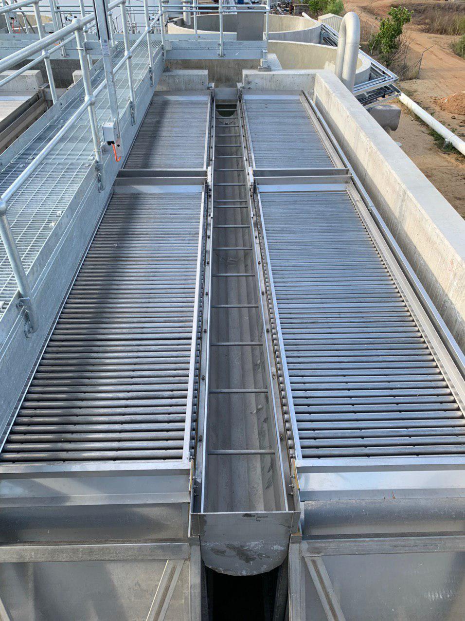 Lamella plate packs either side of a central channel at the Charters Towers water treatment plant