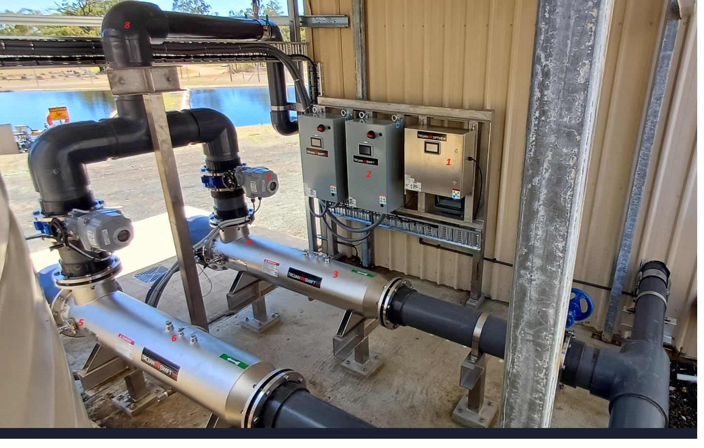 Twin TrojanUVSwift UV reactors with control panels and pipework, marked with numbered locations